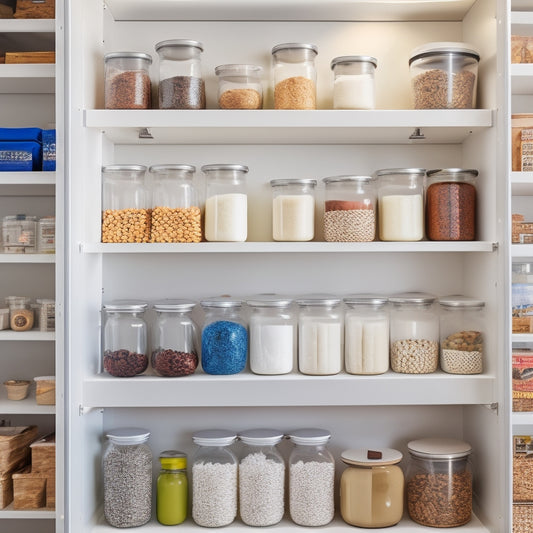 A neatly organized pantry with sleek, white shelves, adorned with a variety of colorful, minimalist labels on glass jars, baskets, and canisters, amidst a soft, warm lighting.