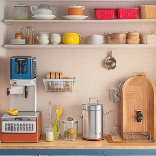 A tidy, modern kitchen with a wall-mounted pegboard holding a toaster, blender, and coffee maker, alongside a pull-out cabinet with stacked, labeled baskets and a utensil organizer.