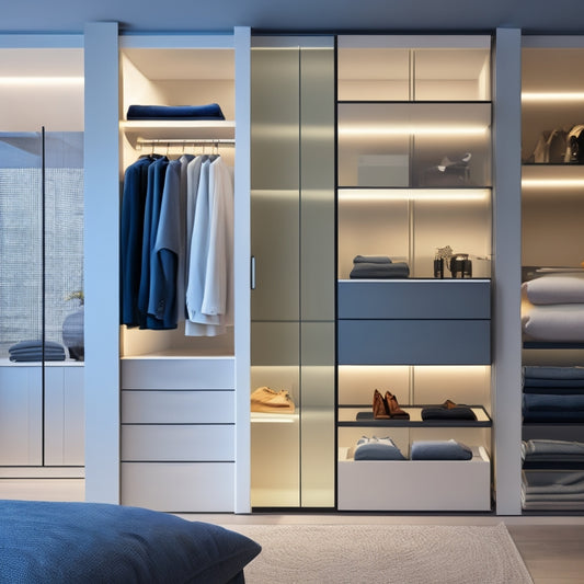 A modern, sleek, and minimalist closet interior with sliding glass doors, illuminated shelves, and a mix of hanging rods and drawers, displayed on a large, futuristic tablet screen.