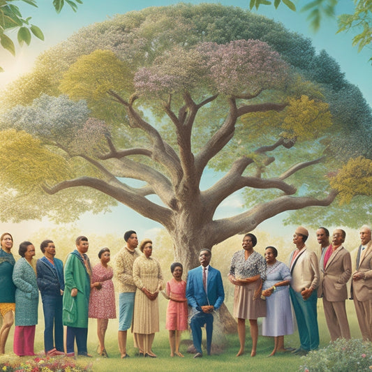 A vibrant, sunlit illustration of a diverse group of people of various ages, races, and abilities gathered around a large, blooming tree, surrounded by symbols of education, healthcare, and community.