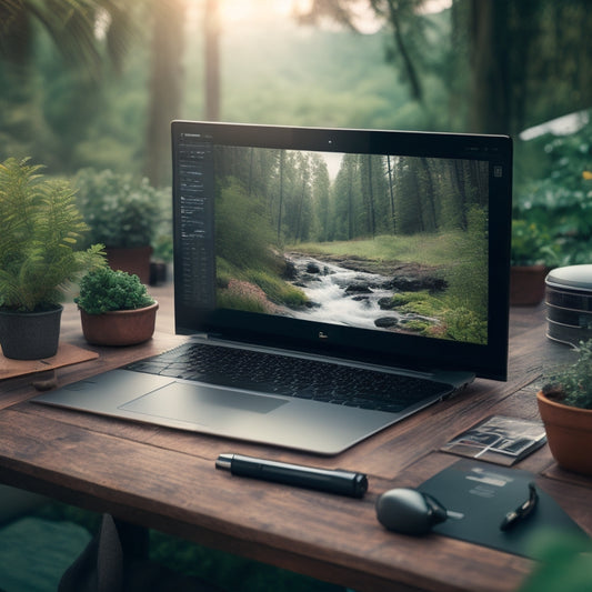 A serene, organized digital workspace with a sleek laptop, a few carefully placed icons on the screen, and a blurred-out background of tidy digital files and folders, surrounded by lush greenery.