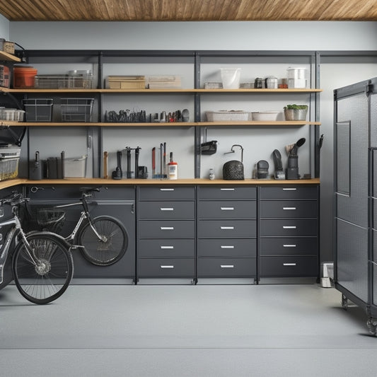 A well-organized garage with sleek gray cabinets, labeled bins, and a pegboard adorned with neatly hung bicycles, tools, and accessories, surrounded by a clean and polished concrete floor.