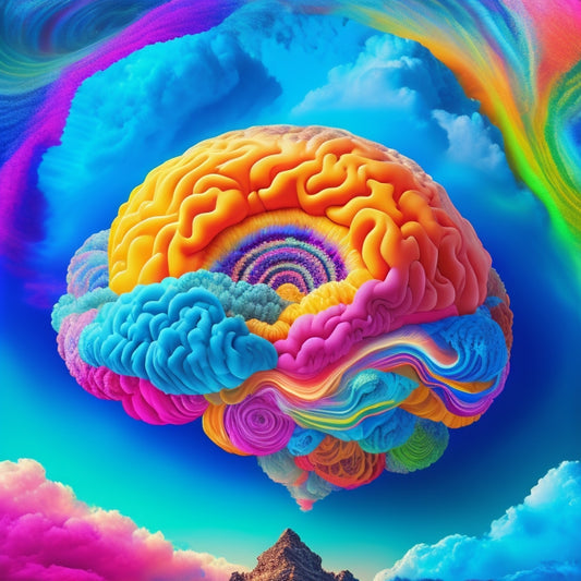 A vibrant illustration featuring a human brain surrounded by colorful, swirling clouds, with ideas and concepts radiating outward in a maze-like pattern of interconnected circles and lines.