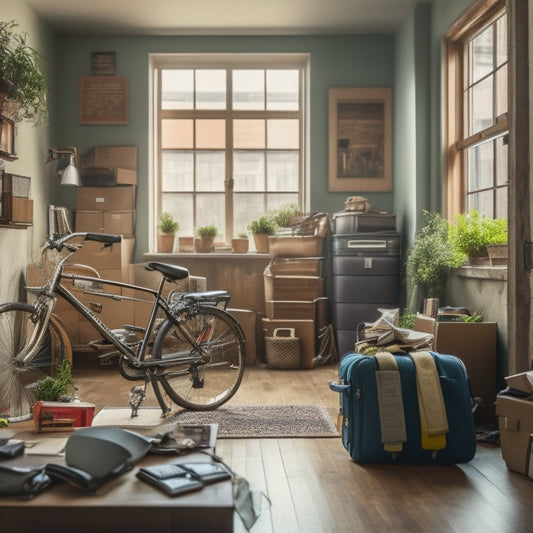 A cluttered urban apartment with a bicycle leaning against a wall, surrounded by stacked boxes and luggage, with a few items spilling out, and a small desk in the background with a laptop and papers scattered on it.