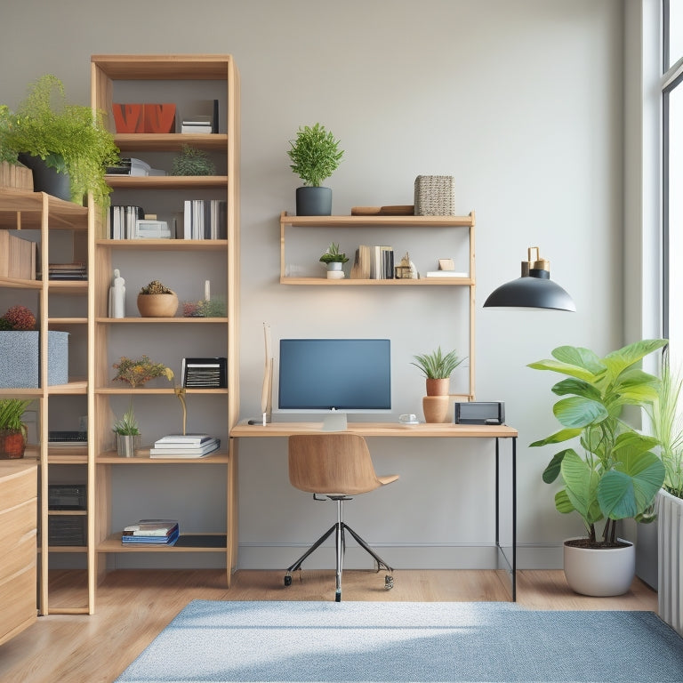 A tidy, minimalist office with a compact workstation, a floor-to-ceiling bookshelf with sliding ladder, and a sleek, wall-mounted desk with built-in storage compartments and a small, potted plant.