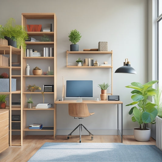 A tidy, minimalist office with a compact workstation, a floor-to-ceiling bookshelf with sliding ladder, and a sleek, wall-mounted desk with built-in storage compartments and a small, potted plant.