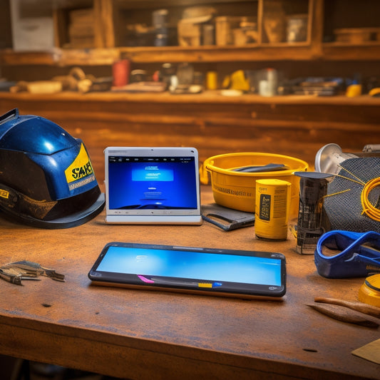 An image featuring a welder's helmet and gloves on a workbench, surrounded by a tablet and smartphone displaying ESAB's welding resources website, with sparks and welding tools blurred in the background.