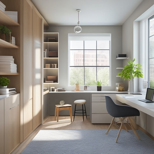 A minimalist studio apartment with a murphy bed, a compact desk, and a floor-to-ceiling storage unit, showcasing a clutter-free and organized living space with natural light pouring in through a large window.