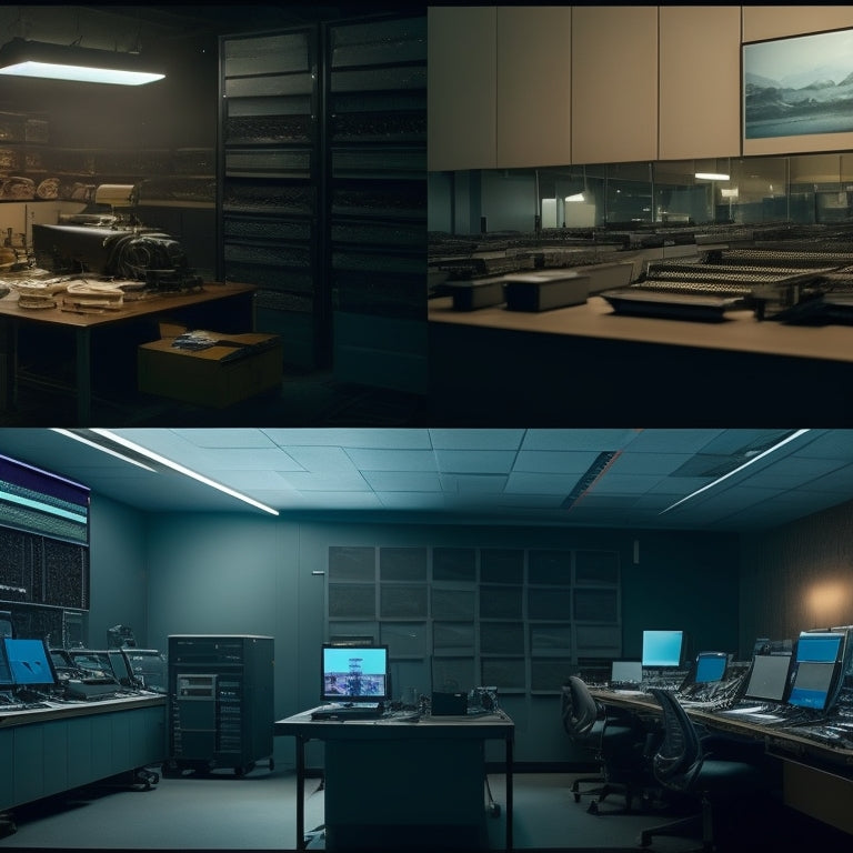 A split-screen image: a secured server room with rows of printers, cables, and blinking lights, versus a dark, cluttered space with scattered papers, broken devices, and a broken lock.