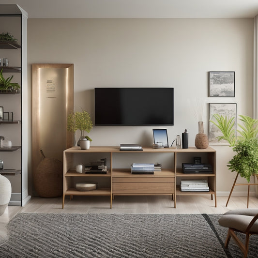 A serene, modern living room with a large, wall-mounted smart display showcasing a digital calendar, surrounded by neatly organized shelves, baskets, and a minimalist desk with a laptop and a few, carefully arranged papers.