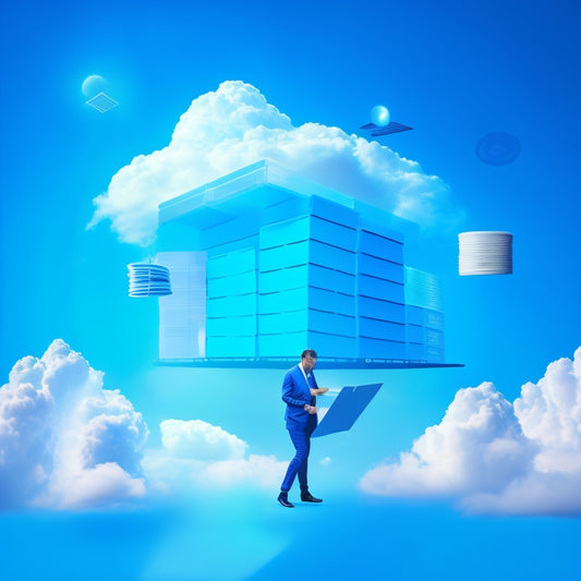 A futuristic, minimalist illustration featuring a small business owner surrounded by floating folders, devices, and clouds, with glowing blue lines and dots representing data transfer and storage.