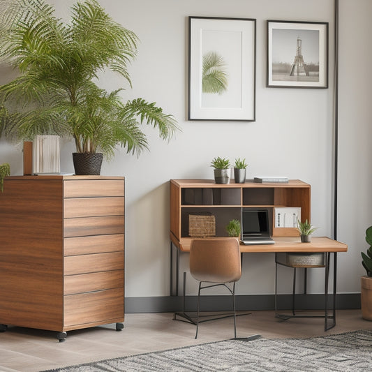 A minimalist, modern workspace with a refurbished cube storage unit featuring geometric patterns, warm wood tones, and sleek metal accents, surrounded by potted plants and a few stylish office supplies.