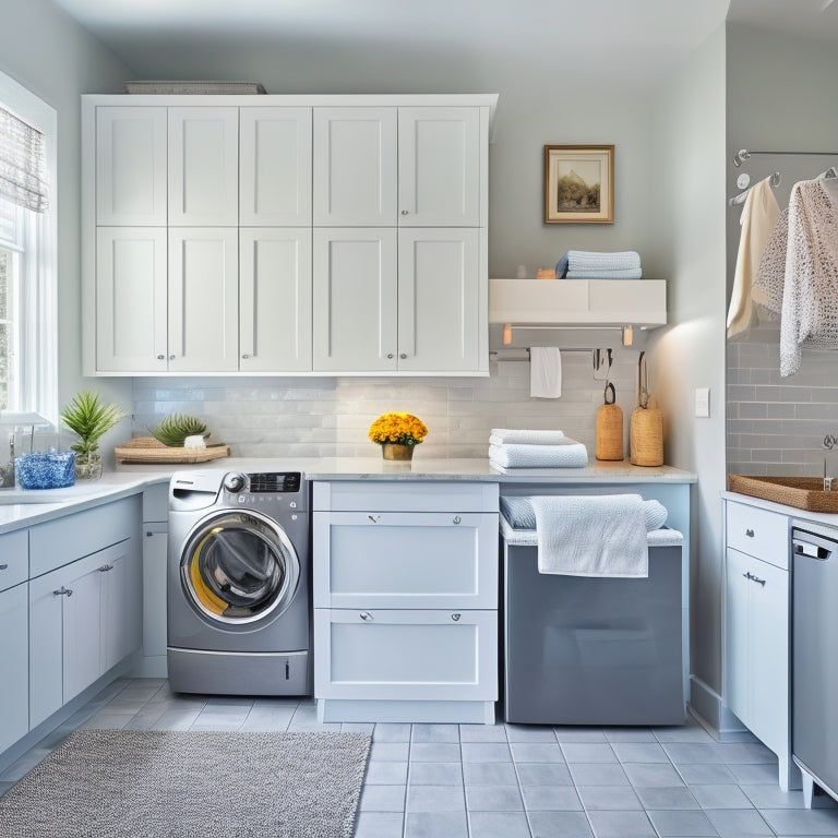 A bright, organized laundry room with a wall-mounted folding station, a compact washer and dryer, and a slide-out ironing board, surrounded by crisp white cabinets and a sleek, gray countertop.