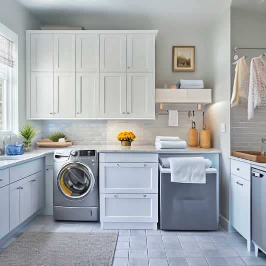 A bright, organized laundry room with a wall-mounted folding station, a compact washer and dryer, and a slide-out ironing board, surrounded by crisp white cabinets and a sleek, gray countertop.