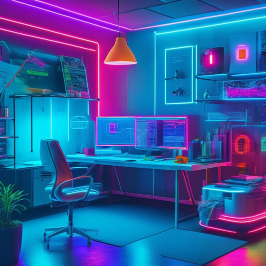 A vibrant, futuristic workspace with glowing neon lines, featuring a large, translucent screen displaying a collaborative document, surrounded by diverse creative tools and colorful sticky notes.