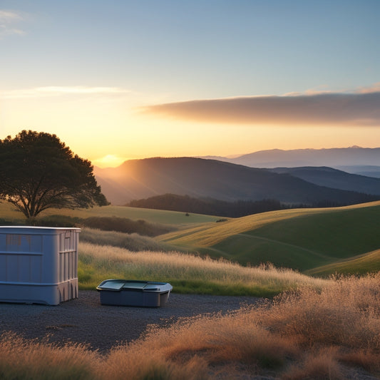 A serene landscape with rolling hills, a few trees, and a subtle sunrise/sunset hue in the background, featuring Hefty's eco-friendly storage bins and containers made from recycled materials in the foreground.