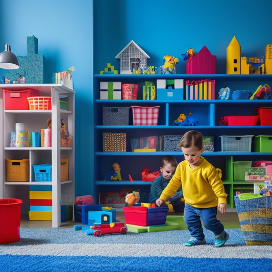 A bright, colorful playroom with toys and blocks organized into labeled bins and shelves, with a few toys spilling out, and a happy child in the background playing with blocks.