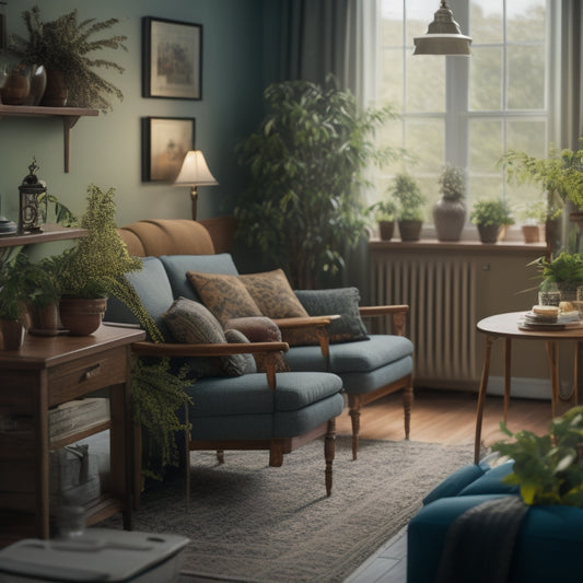A serene, warmly lit senior's living room with a tidy desk, labeled folders, a calendar, a simple meal prep area, and a comfortable armchair, surrounded by calming plants and minimal decor.