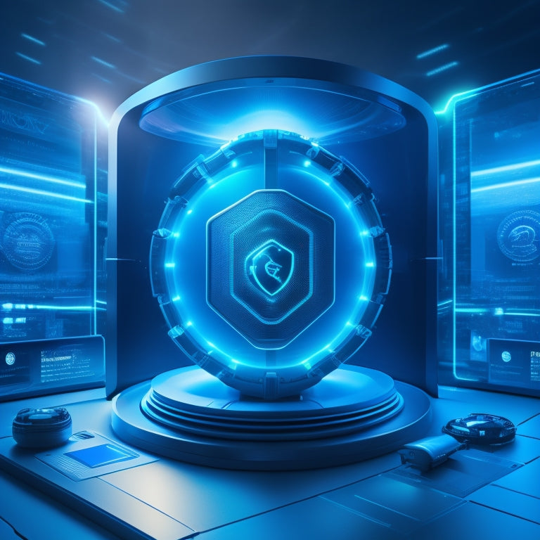 A futuristic, shield-shaped hub with glowing blue lines, surrounded by multiple devices (laptop, tablet, smartphone, smartwatch) with screens displaying secure login interfaces, amidst a dark, gradient background.