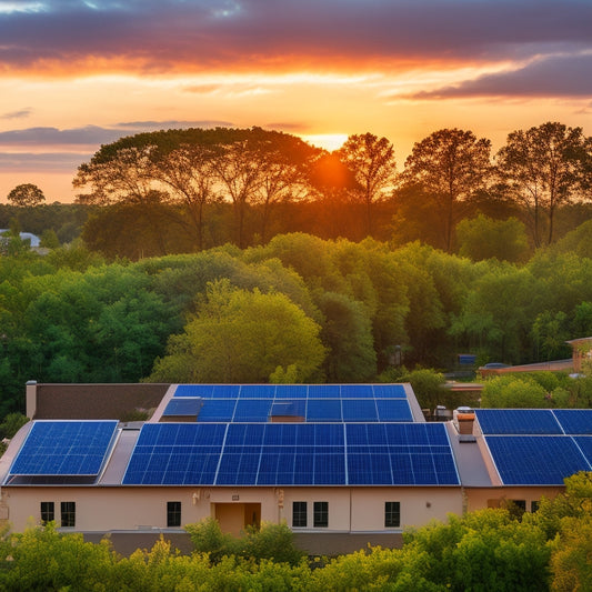 A serene Gainesville cityscape at sunset with sleek, modern solar panels installed on rooftops, surrounded by lush greenery, and a subtle hint of energy storage batteries in the foreground.