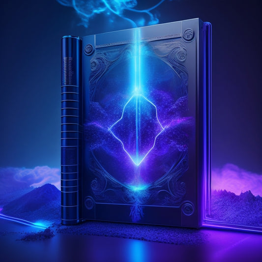 A stylized, futuristic e-book with glowing blue circuits and wires visible beneath its transparent cover, surrounded by swirling clouds of electric blue and purple particles.