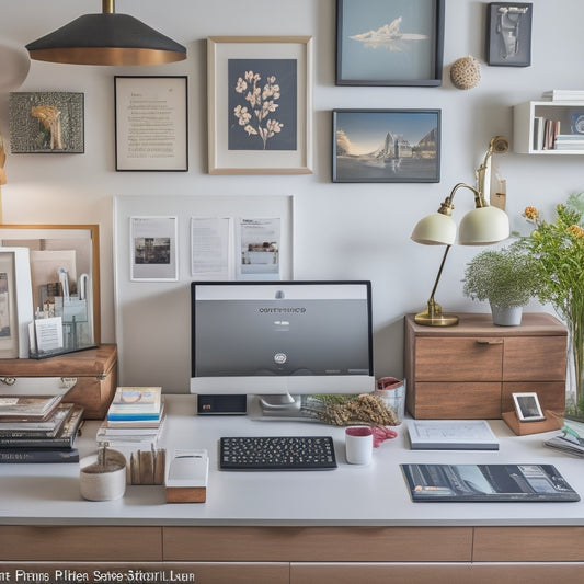 A tidy, modern home office with a desk, chair, and Android tablet displaying a home organization app, surrounded by organized folders, a planner, and a few neatly placed household items.
