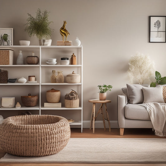 A serene and organized living room with a few, carefully selected decorative items on a minimalist shelf, a tidy couch, and a small, empty storage basket in the corner, surrounded by plenty of negative space.