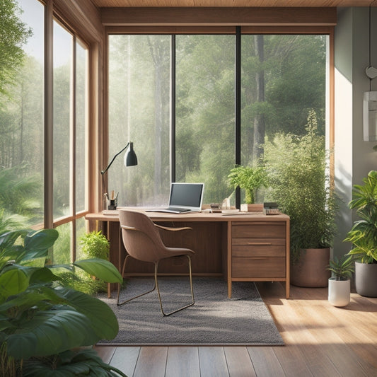 A clutter-free, ergonomic workspace with a sleek, wooden desk, a comfortable, high-backed chair, and a large, floor-to-ceiling window flooding the room with natural light, surrounded by lush greenery.