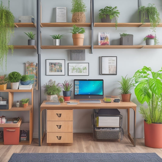 A tidy, modern home office with a laptop and tablet open to organization apps, surrounded by labeled storage bins, a colorful calendar on the wall, and a few thriving plants.