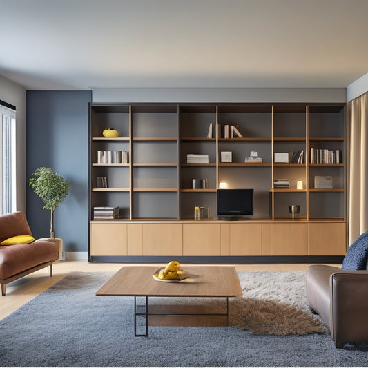 A minimalist, well-lit, modern living room with a sleek Murphy bed, built-in shelving, and a compact, multi-tiered storage unit, showcasing optimized storage solutions for small homes.