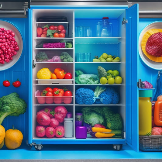 A colorful, stylized illustration of a vibrant vegetable crisper drawer, overflowing with fresh produce, surrounded by clever storage hacks, like mason jars, breathable bags, and a DIY misting system.