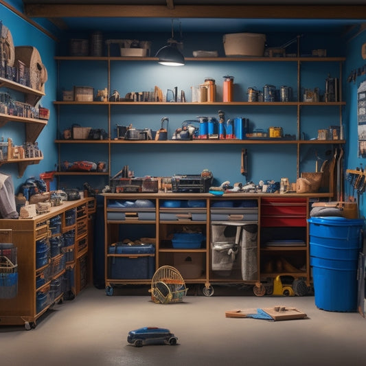 A cluttered garage with mismatched shelves and bins, contrasted with a tidy, organized space featuring custom shelving units with precision-cut slots for various tools and equipment.