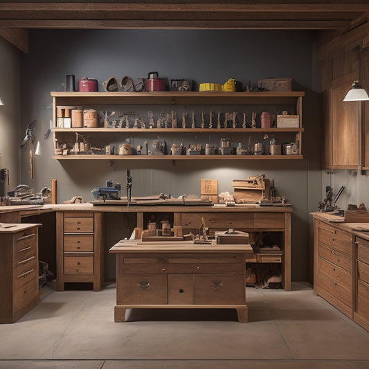 A well-lit, clutter-free workshop with a sleek, wooden sandpaper cabinet featuring 10 labeled drawers, surrounded by neatly arranged power tools and a partially sanded wooden workpiece on a central workbench.