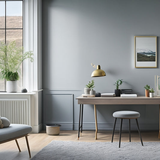 A serene, minimalist living room with a few, carefully placed objects, a laptop open on a clutter-free desk, and a subtle background with calming colors, evoking a sense of control and tranquility.