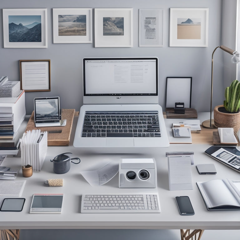 A clutter-free, modern desk with a laptop and a few neatly arranged digital devices, surrounded by faint, transparent paper stacks and folders, with a subtle gradient background.