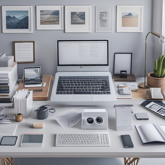 A clutter-free, modern desk with a laptop and a few neatly arranged digital devices, surrounded by faint, transparent paper stacks and folders, with a subtle gradient background.