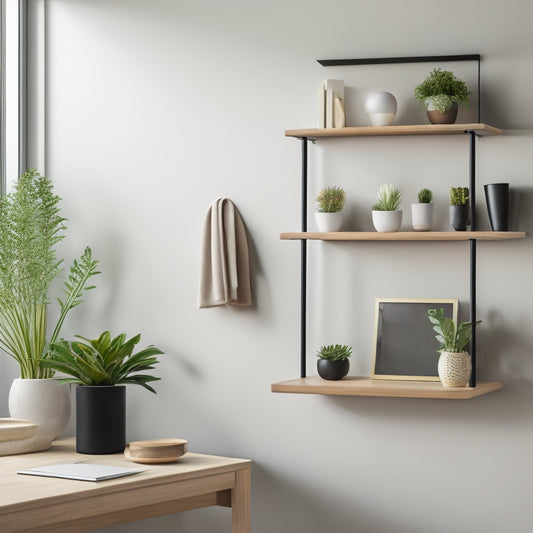 A minimalist, modern desk with a sleek, wall-mounted shelving system featuring three tiers of wooden shelves, adorned with a few, carefully-placed, decorative objects and a small, potted plant.