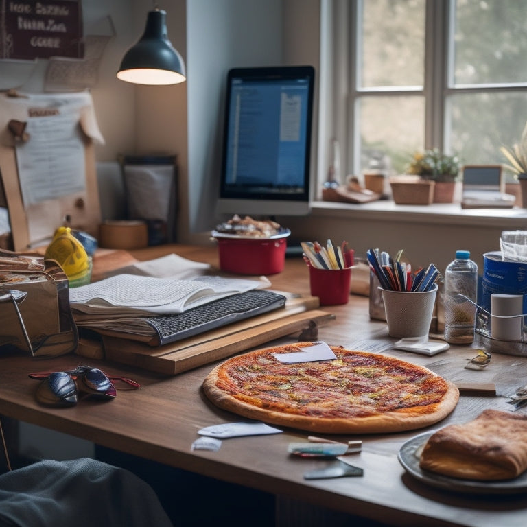 A cluttered college dorm room with scattered notes, clothes, and empty pizza boxes, contrasted with a tidy desk and laptop displaying a home organization app's clean interface.