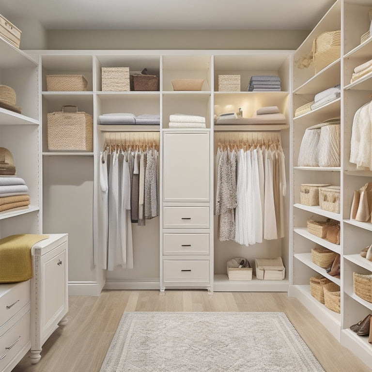 A serene, well-organized walk-in closet with cream-colored walls, featuring a combination of floor-to-ceiling shelves, double rods, and cubbies, showcasing a mix of folded clothes, hanging garments, and storage bins.