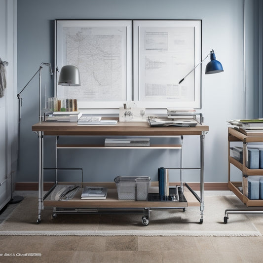 A clutter-free workspace with a sleek, silver blueprint rack, filled with rolled-up blueprints, situated on wheels, with a few pencils and a small measuring tape on top, against a light gray background.