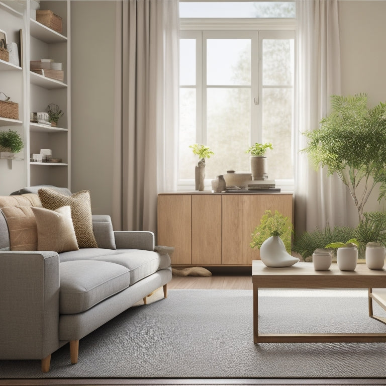 A serene and clutter-free living room with a few strategically placed storage bins, a minimalist coffee table, and a few carefully arranged decorative items, flooded with natural light.