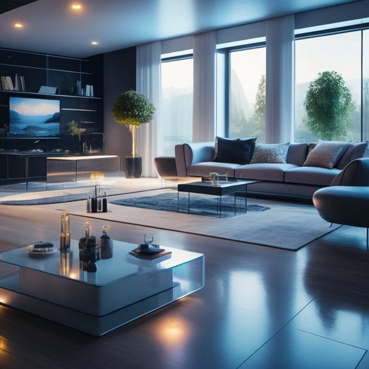 A futuristic living room with a large, transparent, 3D holographic model of a modern house floating above a sleek, black coffee table, surrounded by minimalist decor and warm, ambient lighting.
