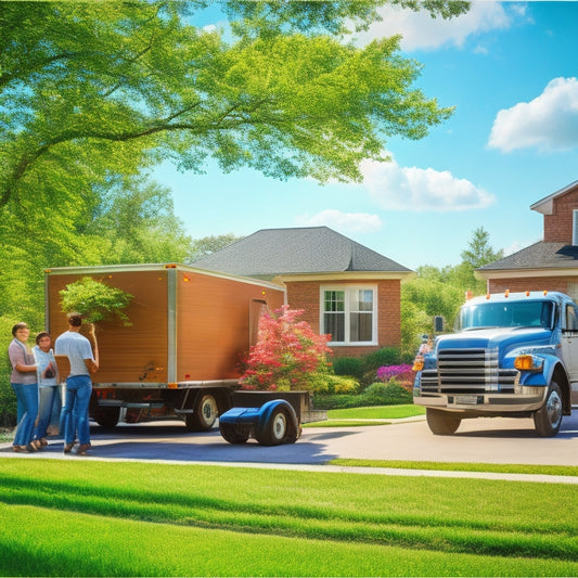 A bright, sunny day scene with a moving truck parked in front of a suburban home, surrounded by lush greenery, with smiling villagers in the background, waving or giving thumbs up.