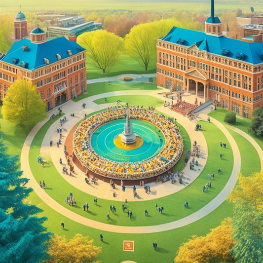A vibrant, stylized illustration of the Purdue University campus, with buildings and trees blending into a swirling vortex of laptops, tablets, and smartphones, surrounded by diverse students engaged in online learning activities.