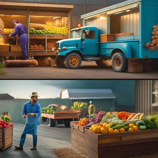 An illustration of a farm-to-table supply chain, depicting a farmer harvesting fresh produce, a truck transporting crates, a warehouse storing boxes, and a chef preparing a meal in a clean kitchen.