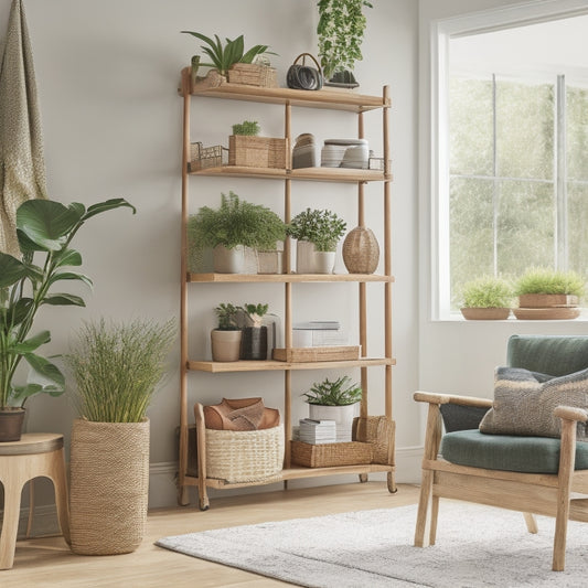 A clutter-free living room with a sleek, minimalist shelving unit, woven baskets, and a repurposed ladder bookshelf, surrounded by lush green plants and warm, natural lighting.