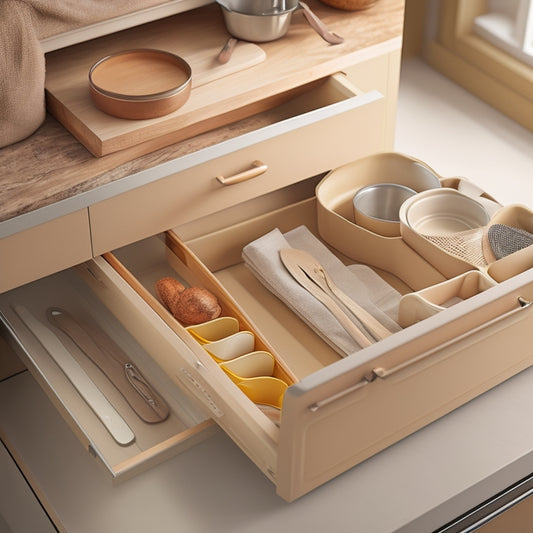 A tidy kitchen with a partially open drawer, revealing a organized pot and pan storage system with dividers, utensil holders, and a soft-close mechanism, against a warm beige background.