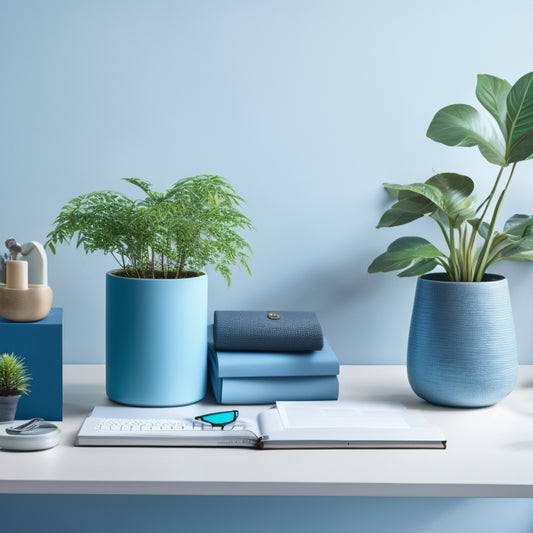 A serene, minimalist workspace featuring a tidy desk with a planner, a few carefully selected decorative objects, and a small, thriving potted plant, set against a calming, light-blue background.