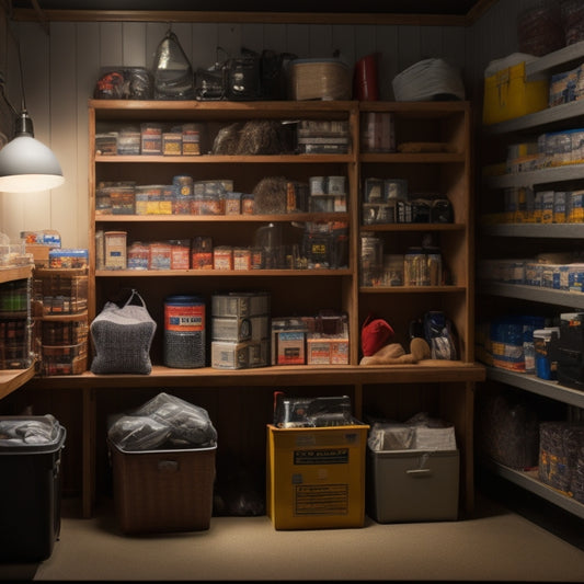 A tidy, well-lit storage room with labeled bins, stacked shelves, and a pegboard holding various emergency supplies, including a first aid kit, flashlight, and battery-powered radio.
