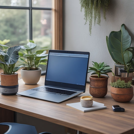 A clutter-free home office desk with a sleek laptop, a few neatly organized folders, and a small external hard drive, surrounded by a few potted plants and a subtle wooden background.
